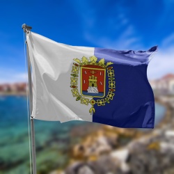bandera de alicante blanca y azul con el escudo de alicante en el centro