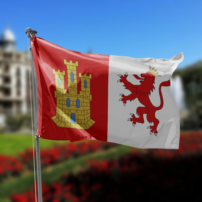 bandera de caceres mitad roja y mitad blanca con un castillo amarillo y un leon rojo con corona