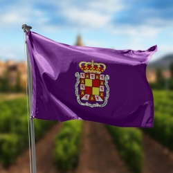 bandera de jaen morada con el escudo de jaen en el centro