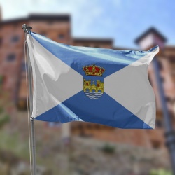bandera pontevedra blanca y azul con el escudo de pontevedra en el centro