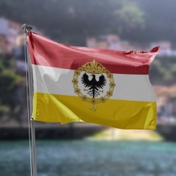 bandera galeon españa carlos V roja blanca y amarilla con el simbolo de carlos V en el centro