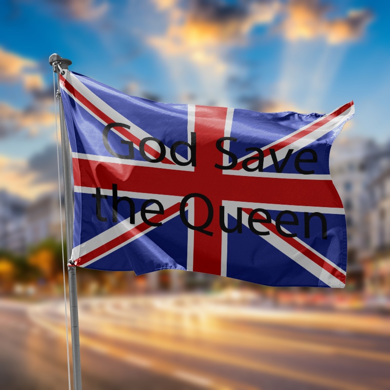 Bandera reino unido con el texto god save the queen